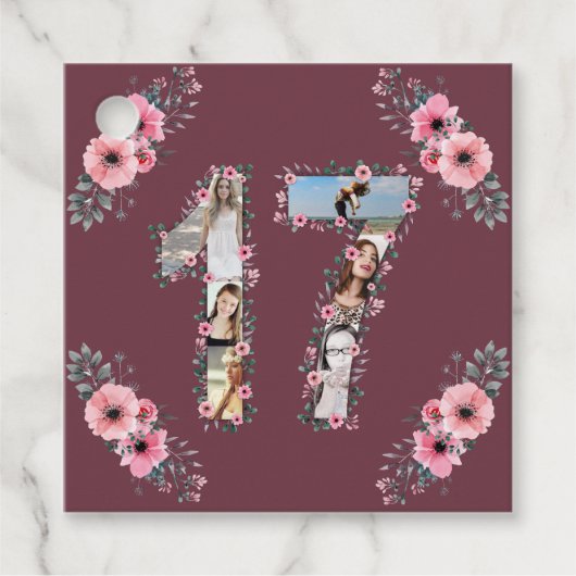 Big 17th Girl Birthday Foto Collage Pink Flower Bedankjes Labels (Voorkant)