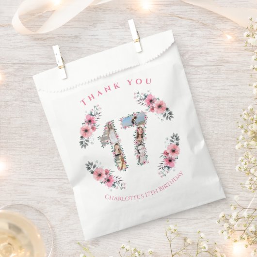 Big 17th Girl Birthday Foto Collage Pink Flower Bedankzakje (Geknipt)