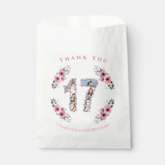 Big 17th Girl Birthday Foto Collage Pink Flower Bedankzakje (Voorkant)