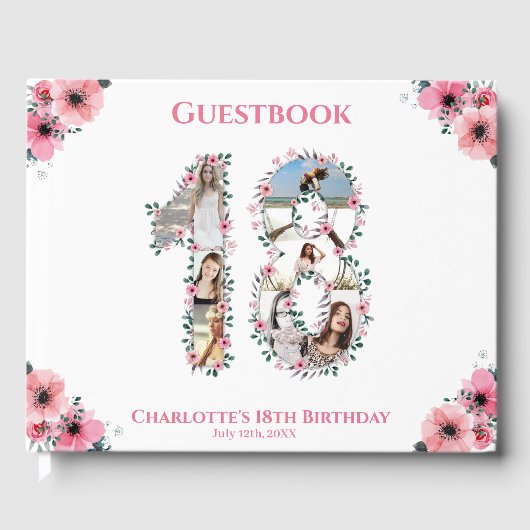 Big 18th Birthday Foto Collage Bloemenmeisje White Gastenboek (Voorkant)