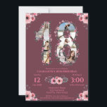 Big 18th Birthday Girl Foto Collage Pink Flower Kaart<br><div class="desc">Creëer een achttiende verjaardag zeven foto's collage in een 18-voudige vorm. Verkleurd met mooie en mooie waterverf bloemen en groen bladeren. Geweldig cadeau van 18e verjaardag voor meisjes. Speciaal nummer 18 fotocollage voor een uniek en zeer speciaal product.</div>