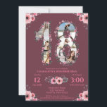 Big 18th Birthday Girl Foto Collage Pink Flower Kaart<br><div class="desc">Creëer een achttiende verjaardag zeven foto's collage in een 18-voudige vorm. Verkleurd met mooie en mooie waterverf bloemen en groen bladeren. Geweldig cadeau van 18e verjaardag voor meisjes. Speciaal nummer 18 fotocollage voor een uniek en zeer speciaal product.</div>