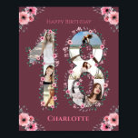Big 18th Birthday Pink Bloemenmeisje Foto Collage Poster<br><div class="desc">Creëer een achttiende verjaardag zeven foto's collage in een 18-voudige vorm. Verkleurd met mooie en mooie waterverf bloemen en groen bladeren. Geweldig cadeau van 18e verjaardag voor meisjes. Speciaal nummer 18 fotocollage voor een uniek en zeer speciaal product.</div>