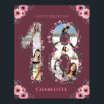 Big 18th Birthday Pink Bloemenmeisje Foto Collage Poster<br><div class="desc">Creëer een achttiende verjaardag zeven foto's collage in een 18-voudige vorm. Verkleurd met mooie en mooie waterverf bloemen en groen bladeren. Geweldig cadeau van 18e verjaardag voor meisjes. Speciaal nummer 18 fotocollage voor een uniek en zeer speciaal product.</div>