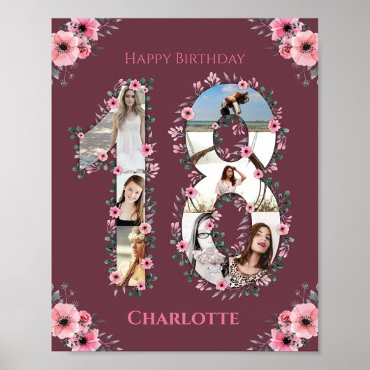 Big 18th Birthday Pink Bloemenmeisje Foto Collage Poster (Voorkant)