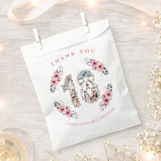 Big 18th Girl Birthday Foto Collage Pink Flower Bedankzakje (Geknipt)