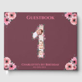Big 1st Birthday Foto Collage Bloemenmeisje Pink Gastenboek (Voorkant)
