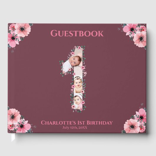 Big 1st Birthday Foto Collage Bloemenmeisje Pink Gastenboek (Voorkant)