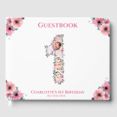 Big 1st Birthday Foto Collage Bloemenmeisje White Gastenboek (Voorkant)