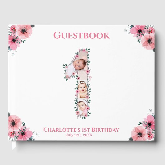Big 1st Birthday Foto Collage Bloemenmeisje White Gastenboek (Voorkant)