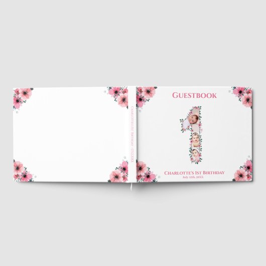 Big 1st Birthday Foto Collage Bloemenmeisje White Gastenboek (Volledig)
