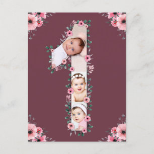 Big 1st Birthday Foto Collage Pink Bloemenmeisje Briefkaart