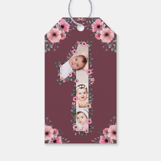 Big 1st Birthday Girl Foto Collage Pink Flower Cadeaulabel (Voorkant)
