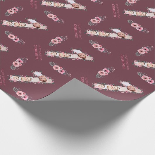 Big 1st Birthday Girl Foto Collage Pink Flower Cadeaupapier (Hoek)
