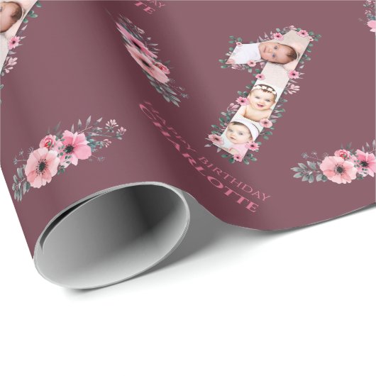 Big 1st Birthday Girl Foto Collage Pink Flower Cadeaupapier (Rol Hoek)