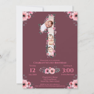 Big 1st Birthday Girl Foto Collage Pink Flower Kaart