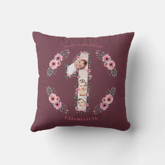Big 1st Birthday Girl Foto Collage Pink Flower Kussen (Achterkant)