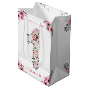 Big 1st Birthday Girl Foto Collage Pink Flower Medium Cadeauzakje