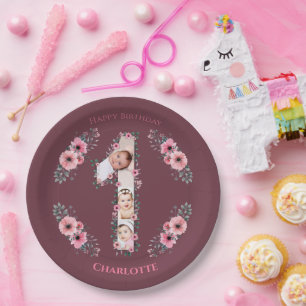 Big 1st Birthday Girl Foto Collage Pink Flower Papieren Bordje