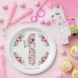 Big 1st Birthday Girl Foto Collage Pink Flower Papieren Bordje