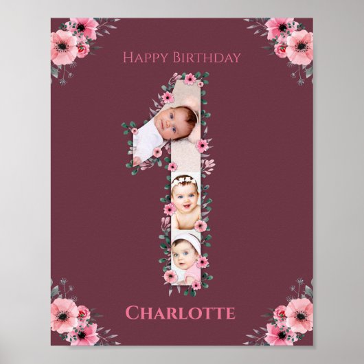 Big 1st Birthday Girl Foto Collage Pink Flower Poster (Voorkant)