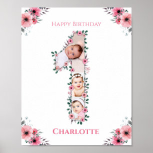 Big 1st Birthday Girl Foto Collage Pink Flower Poster