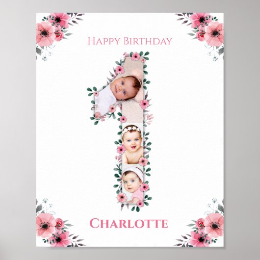 Big 1st Birthday Girl Foto Collage Pink Flower Poster (Voorkant)