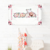 Big 1st Birthday Girl Foto Collage Pink Flower Spandoek (Insitu)