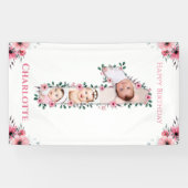 Big 1st Birthday Girl Foto Collage Pink Flower Spandoek (Horizontaal)