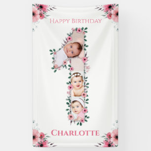 Big 1st Birthday Girl Foto Collage Pink Flower Spandoek