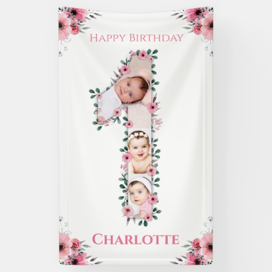 Big 1st Birthday Girl Foto Collage Pink Flower Spandoek (Verticaal)