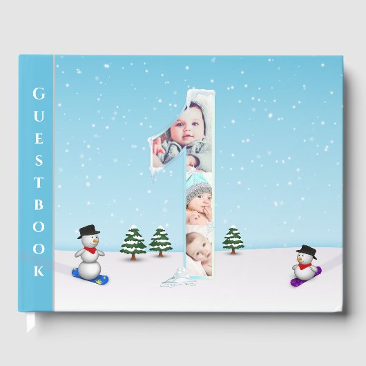 Big 1st Birthday Winter Snow Ice Collage Foto Gastenboek (Voorkant)