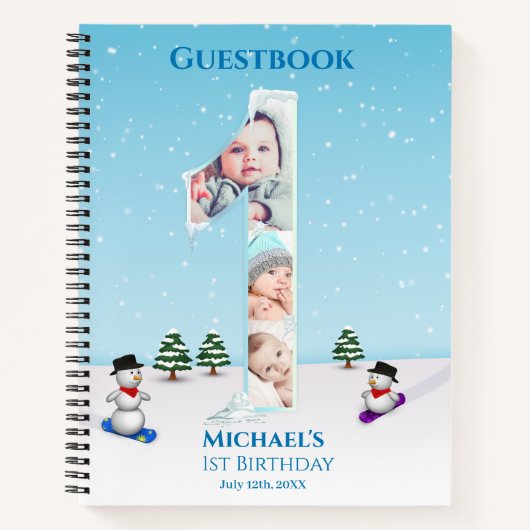Big 1st Birthday Winter Snow Ice Foto Guest Book Notitieboek (Voorkant)