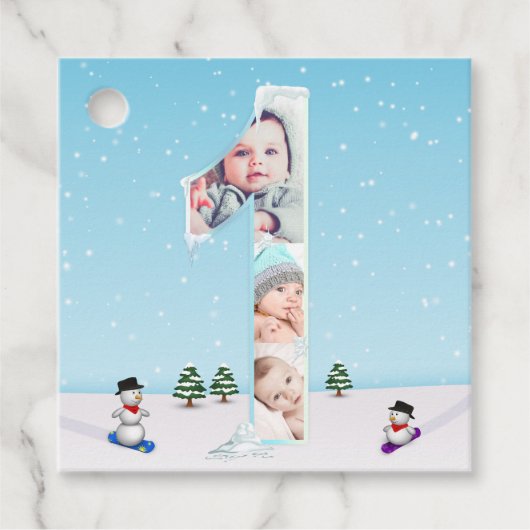 Big 1st Birthday Winter Snow Ice Photo Collage Bedankjes Labels (Voorkant)