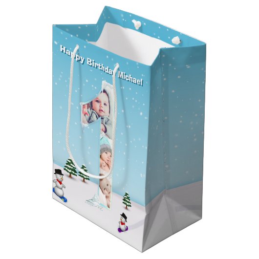Big 1st Birthday Winter Snow Ice Photo Collage Medium Cadeauzakje (Voorkant Gekanteld)