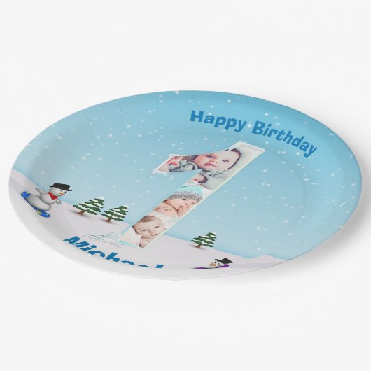 Big 1st Birthday Winter Snow Ice Photo Collage Papieren Bordje (Gekanteld)