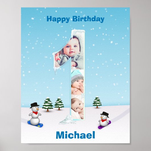 Big 1st Birthday Winter Snow Ice Photo Collage Poster (Voorkant)