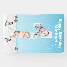 Big 1st Birthday Winter Snow Ice Photo Collage Spandoek