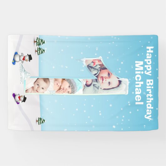 Big 1st Birthday Winter Snow Ice Photo Collage Spandoek (Horizontaal)