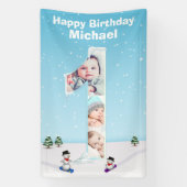 Big 1st Birthday Winter Snow Ice Photo Collage Spandoek (Verticaal)