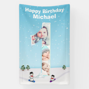 Big 1st Birthday Winter Snow Ice Photo Collage Spandoek