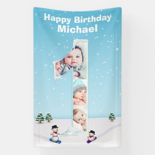 Big 1st Birthday Winter Snow Ice Photo Collage Spandoek (Verticaal)