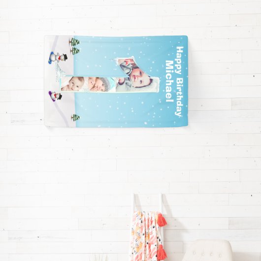 Big 1st Birthday Winter Snow Ice Photo Collage Spandoek (Insitu)