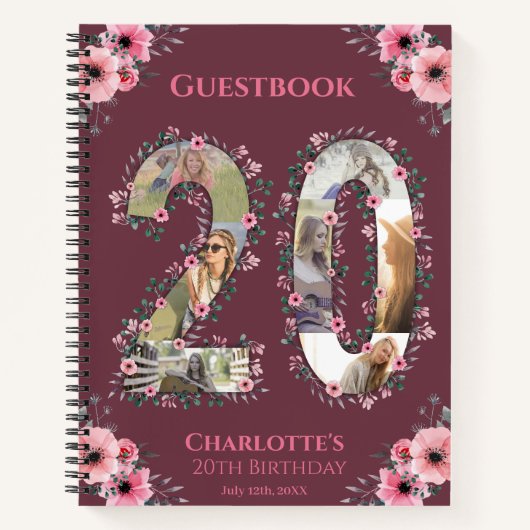 Big 20th Birthday Foto roze flower Guest Book Notitieboek (Voorkant)