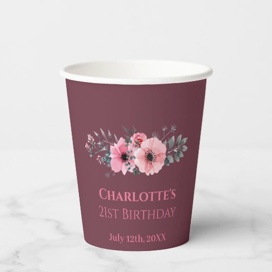 Big 21st Birthday Pink Flower Photo Collage Woman Papieren Bekers (Achterkant)