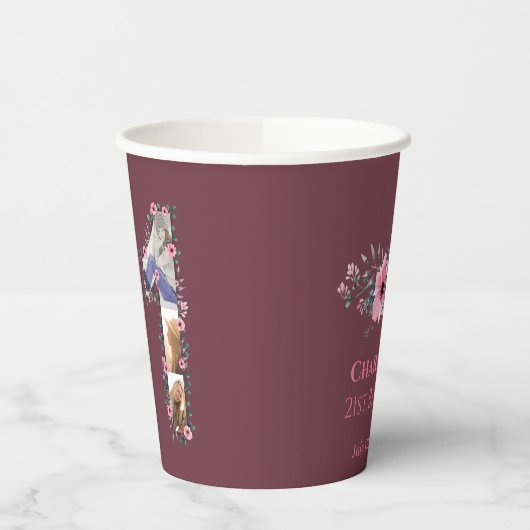 Big 21st Birthday Pink Flower Photo Collage Woman Papieren Bekers (Links)