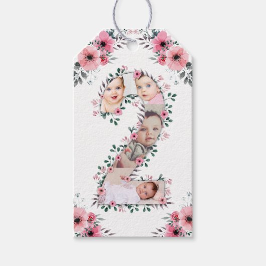 Big 2nd Birthday Girl Foto Collage Pink Flower Cadeaulabel (Voorkant)