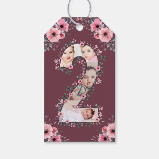 Big 2nd Birthday Girl Foto Collage Pink Flower Cadeaulabel (Voorkant)