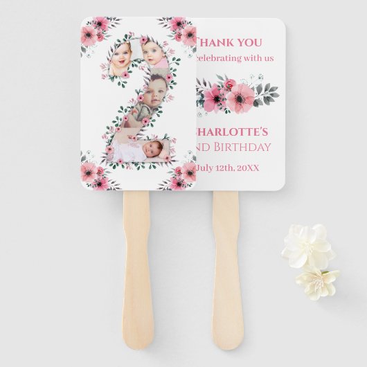 Big 2nd Birthday Girl Foto Collage Pink Flower Handwaaier (Voorkant en achterkant)
