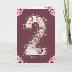 Big 2nd Birthday Girl Foto Collage Pink Flower Kaart